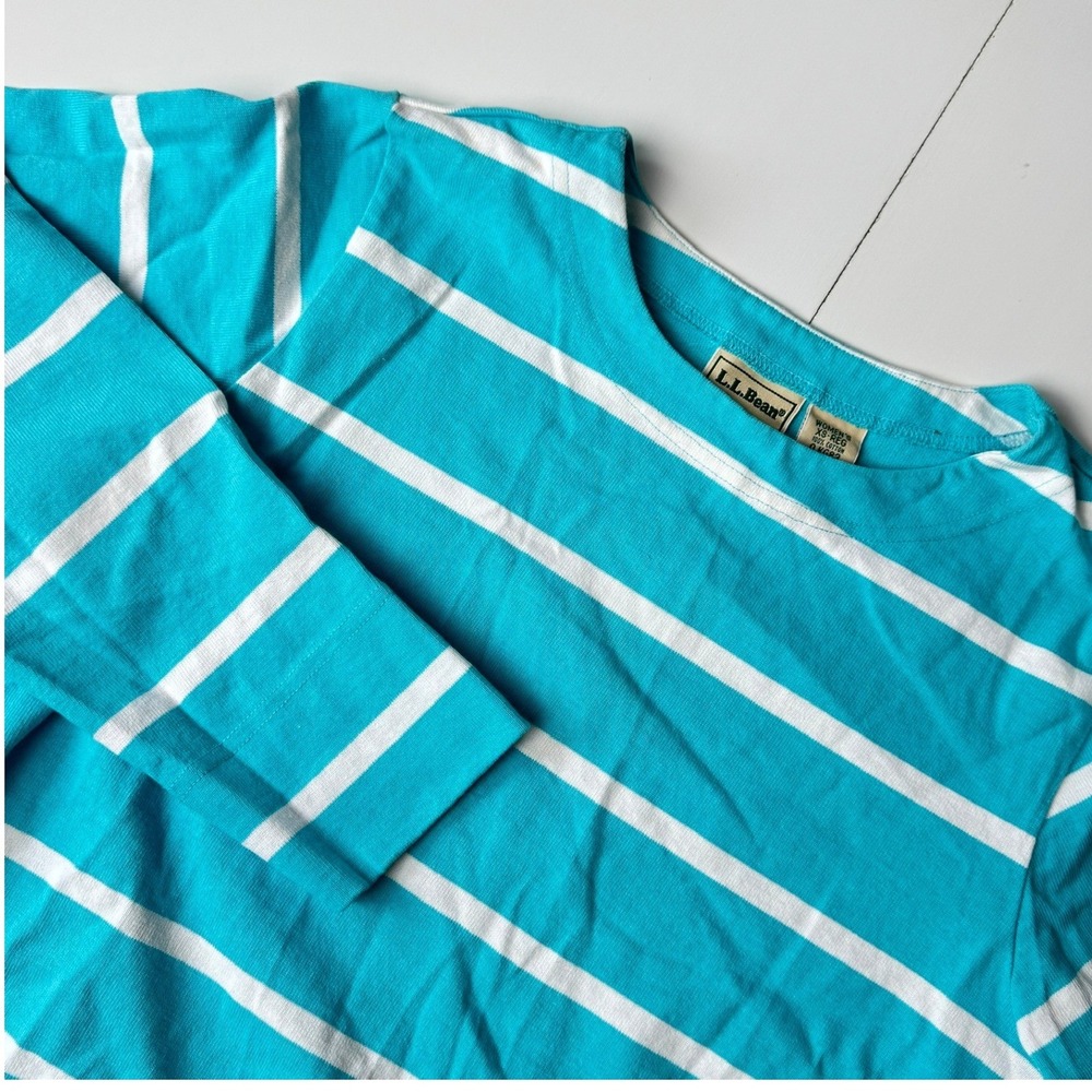 Vintage LL Bean Womens XS Turquoise Blue White Striped Long Sleeve Cotton Tee